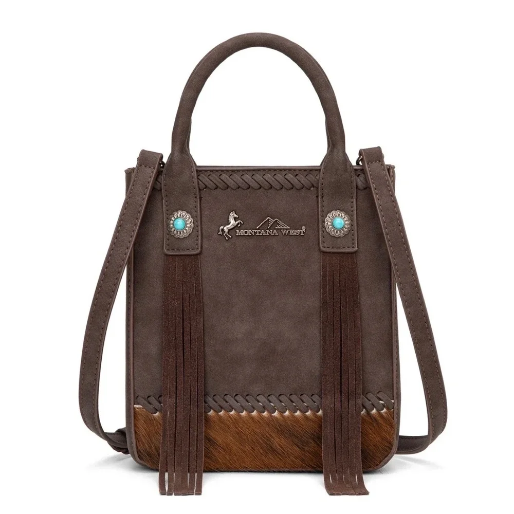 Montana West Tote Bag Womens Small Brown NWT Fringe Hair-on-Hide MW1368-8360CF